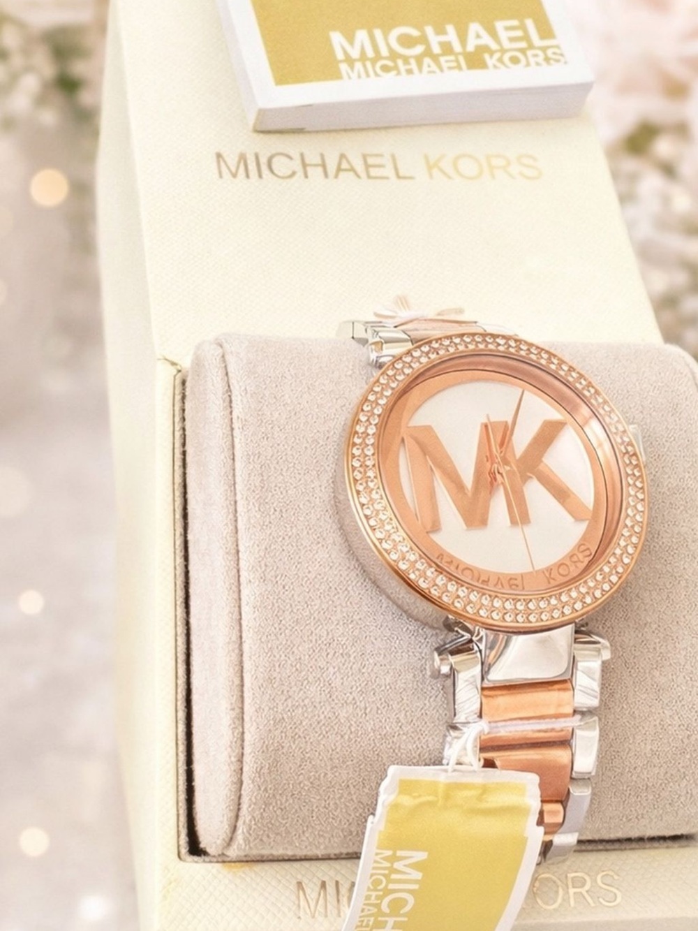 Michael Kors Two-Tone Rose Gold and Silver MK Logo Crystal Watch